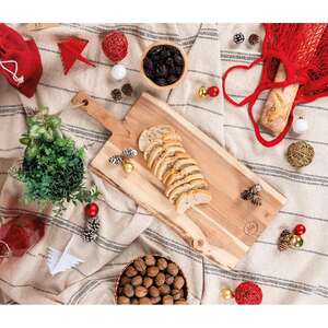Image du produit Planche à découper en acacia naturel avec manche et cordelette.
