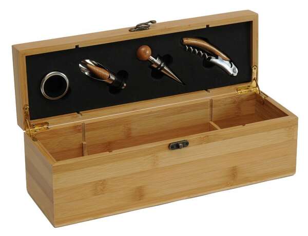 Image du produit Coffret oenologie bois naturel 1 bouteille + 4 accessoires luxe