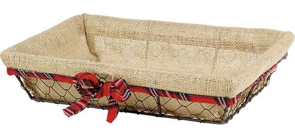 Image du produit Corbeille métal rectangle effet vieilli marron tissu jute/liseré écossais