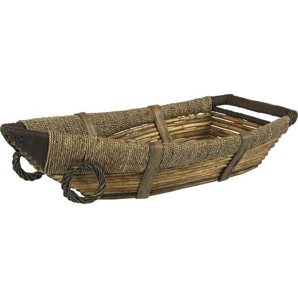 Image du produit Corbeille bateau en osier teinté, corde et bois.