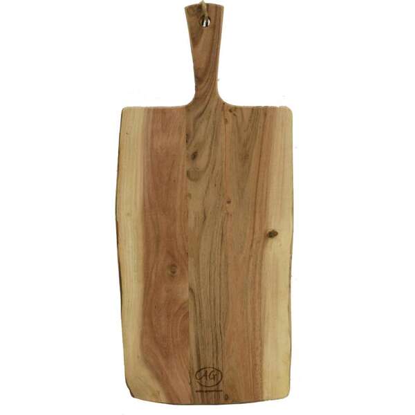 Image du produit Planche à découper en acacia naturel avec manche et cordelette.