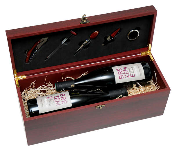 Image du produit Coffret oenologie bois 2 bouteilles économique 5 accessoires