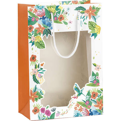 Sacs papier fleurs & colibri  cotés orange avec fenêtre  : Sacs